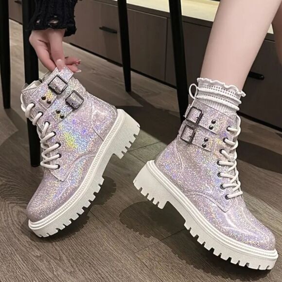 Pink sparkly platform combat boots sz 7 - Picture 3 of 10